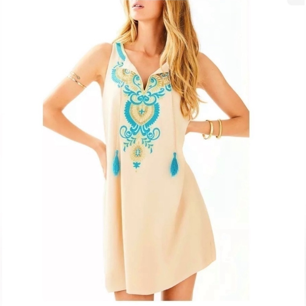 Lilly Pulitzer Tan Tirquose Embroidered Dress